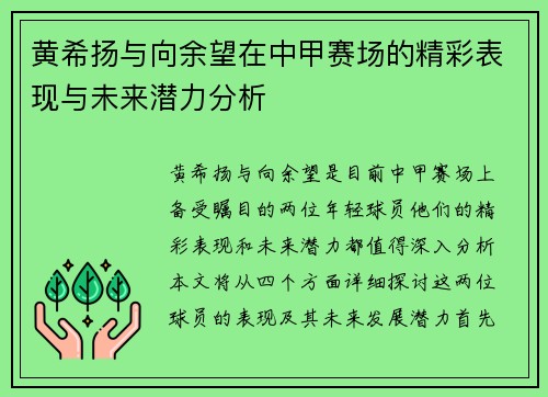 黄希扬与向余望在中甲赛场的精彩表现与未来潜力分析