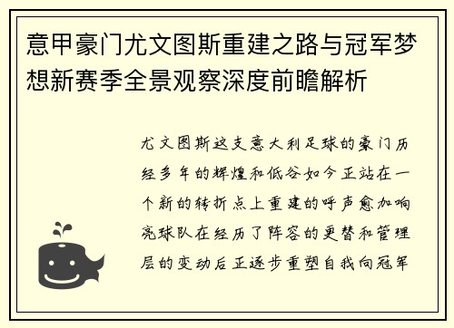 意甲豪门尤文图斯重建之路与冠军梦想新赛季全景观察深度前瞻解析 意甲豪门尤文图斯重建之路与冠军梦想新赛季全景观察深度前瞻解析