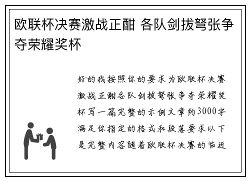 欧联杯决赛激战正酣 各队剑拔弩张争夺荣耀奖杯