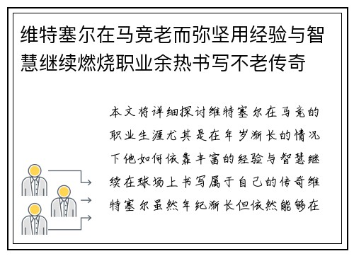 维特塞尔在马竞老而弥坚用经验与智慧继续燃烧职业余热书写不老传奇 维特塞尔在马竞老而弥坚用经验与智慧继续燃烧职业余热书写不老传奇